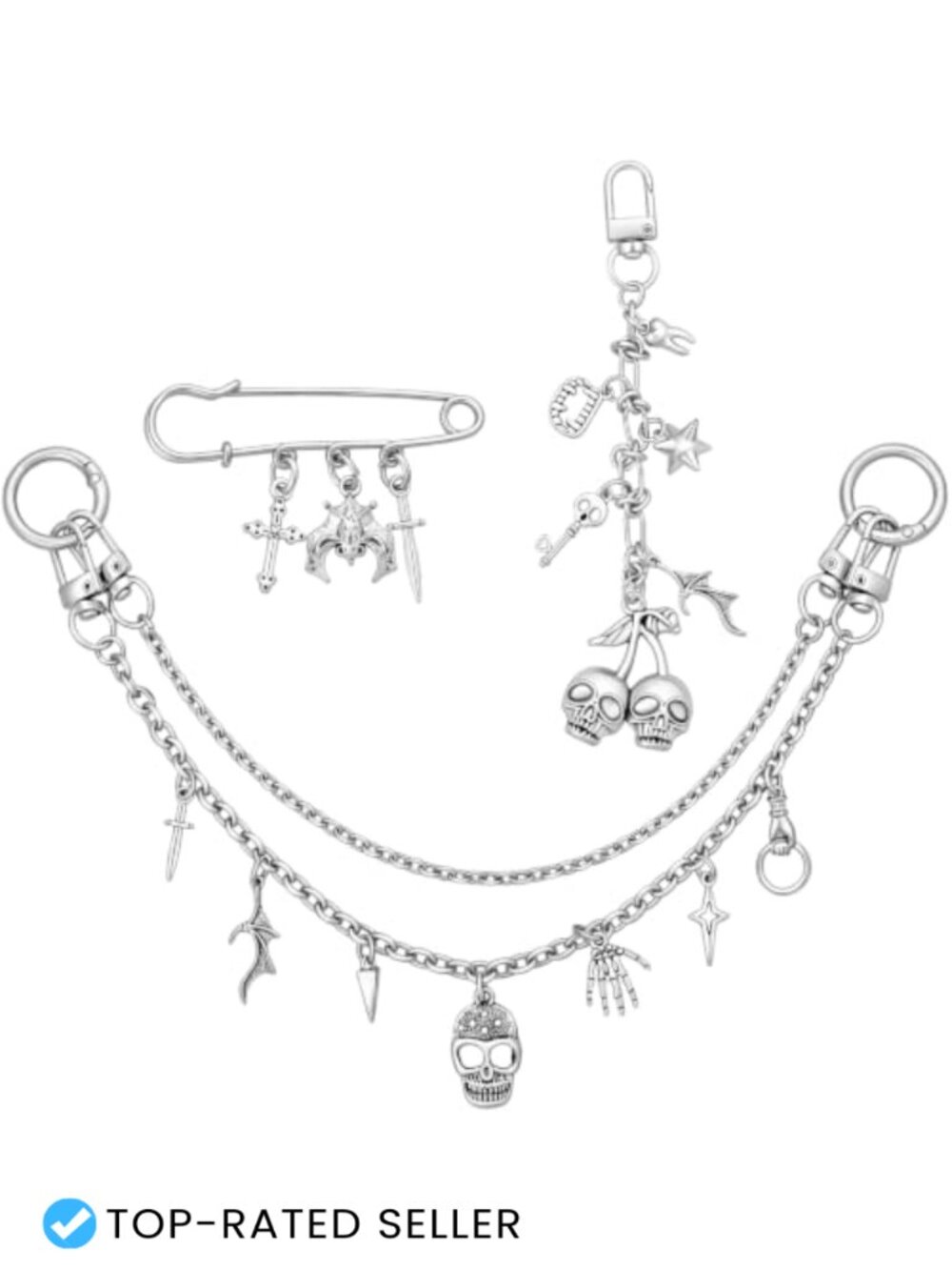 Gothic Punk Bag Charms Keychain 3pc Skull Purse Charm Extender Chain